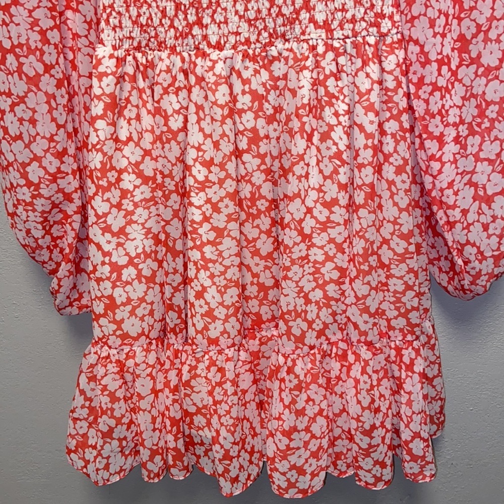 Inthebeginning Coral White Floral Smocked Ruffle Cottagecore Prairie Dress 4784 - Picture 3 of 9